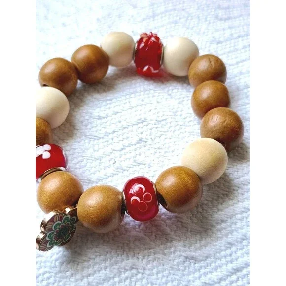 Mix Bead Wood Bracelet  Unisex Adjustable 7.5 Inches - Picture 2 of 6